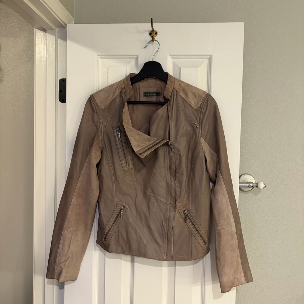 Mint Velvet Leather Moto Jacket Tan Beige Suede Panel Size US 10